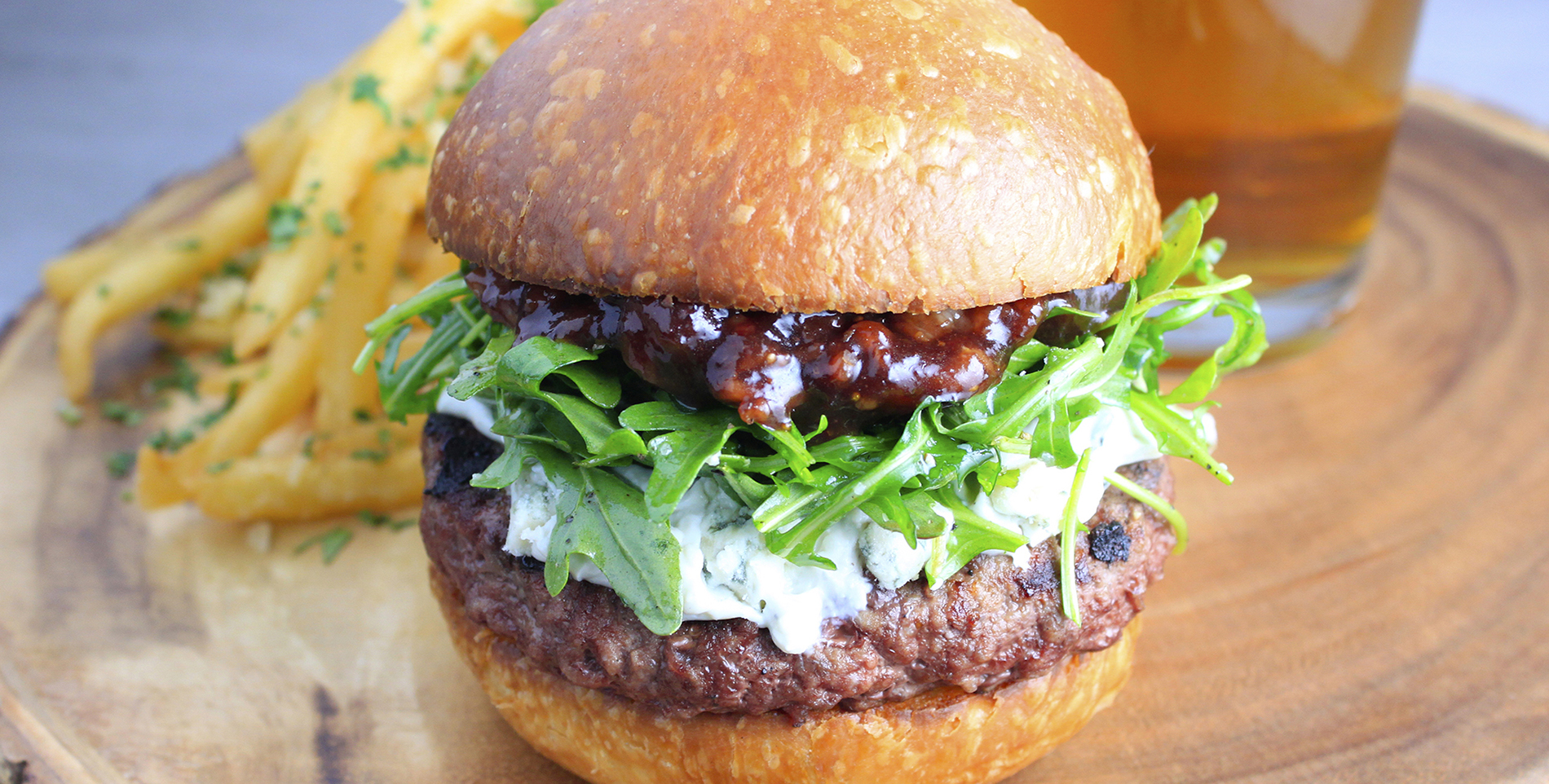 Pubhouse burger featuring Haliburton Bacon and Fig Compote, and Gorgonzola Cheese Spread