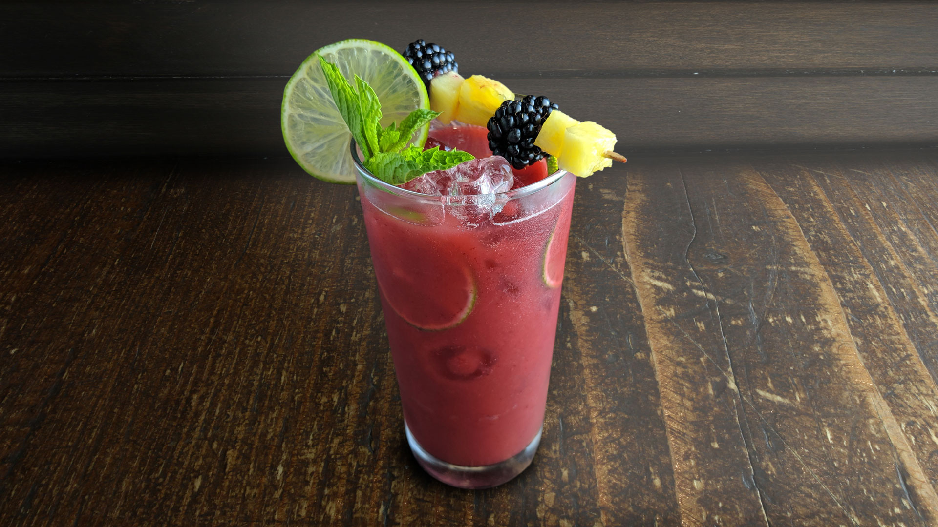 Featuring Haliburton’s ready-to-use roasted pineapple and blackberry mixer and pickled pineapple garish.